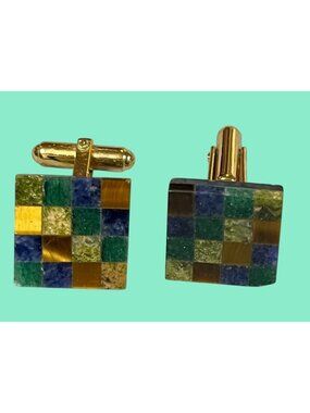 Vintage Hayward Multicolor Mosaic Stone Gold-Toned Cufflinks